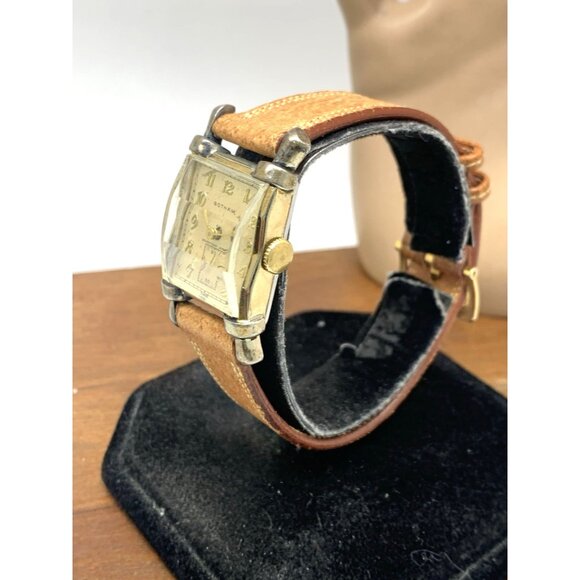 Gotham Suku Watch Swiss Mechanical Tank Vintage Gold Brown Leather Band 22mm - Picture 2 of 15